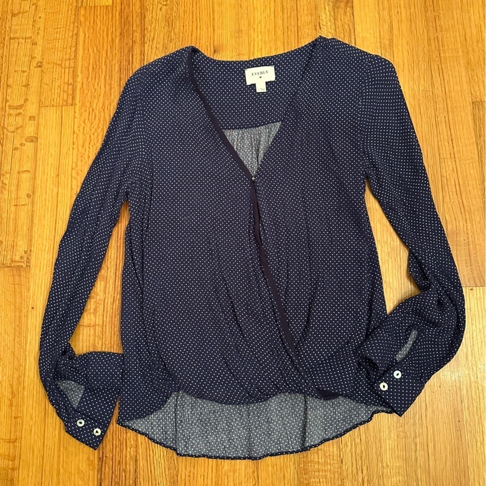 Everly long-sleeved navy blue and white polka dot wrap blouse Size S (G8)